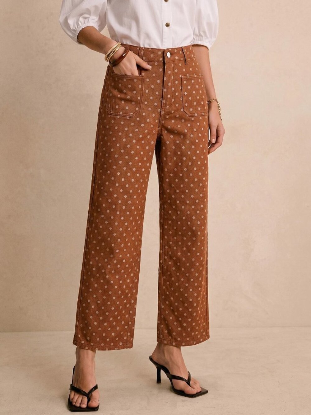 Brown Elegant Women's Button Pocket Cropped Straight Leg Jeans - Picture 3 of 4